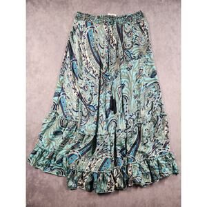 Chelsea and Theodore Maxi Skirt Women's Size XS Blue Paisley Hippie Boho Tassled